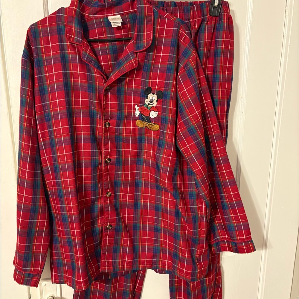 Disney Store Embroidered Mickey Mouse Red Plaid Pajama Sleepwear Set Size L Adlt